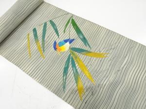 アンティーク　綴れ　カワセミに笹模様　刺繍　八寸帯地反物